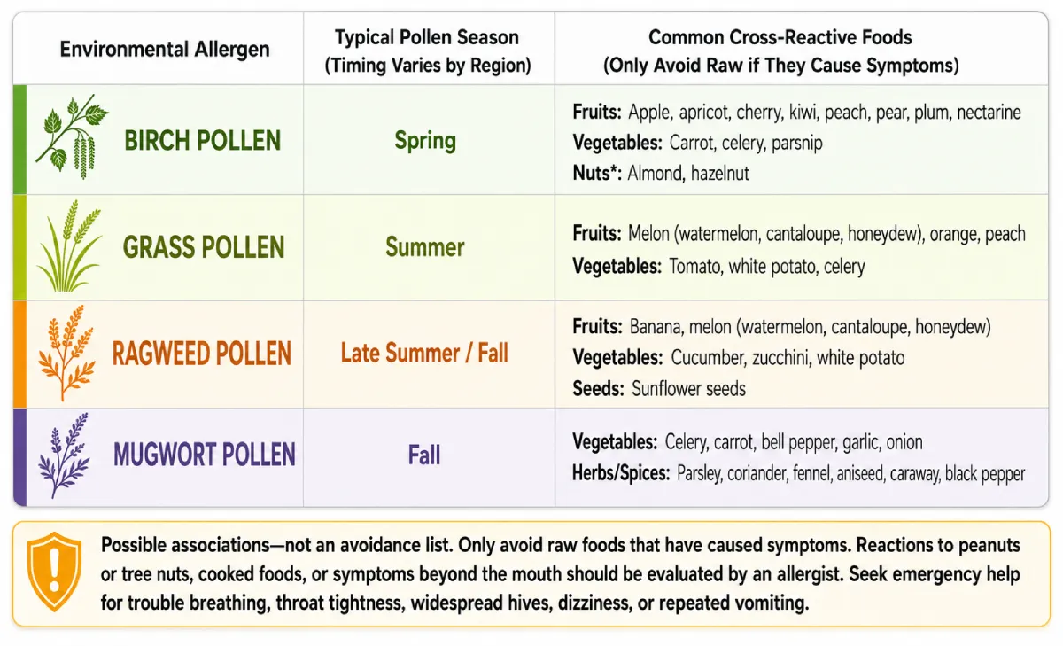 Pollen Food Allergy Syndrome chart comparing birch, grass, ragweed, and mugwort pollen seasons with cross-reactive raw fruits, vegetables, nuts, seeds, herbs, and spices
